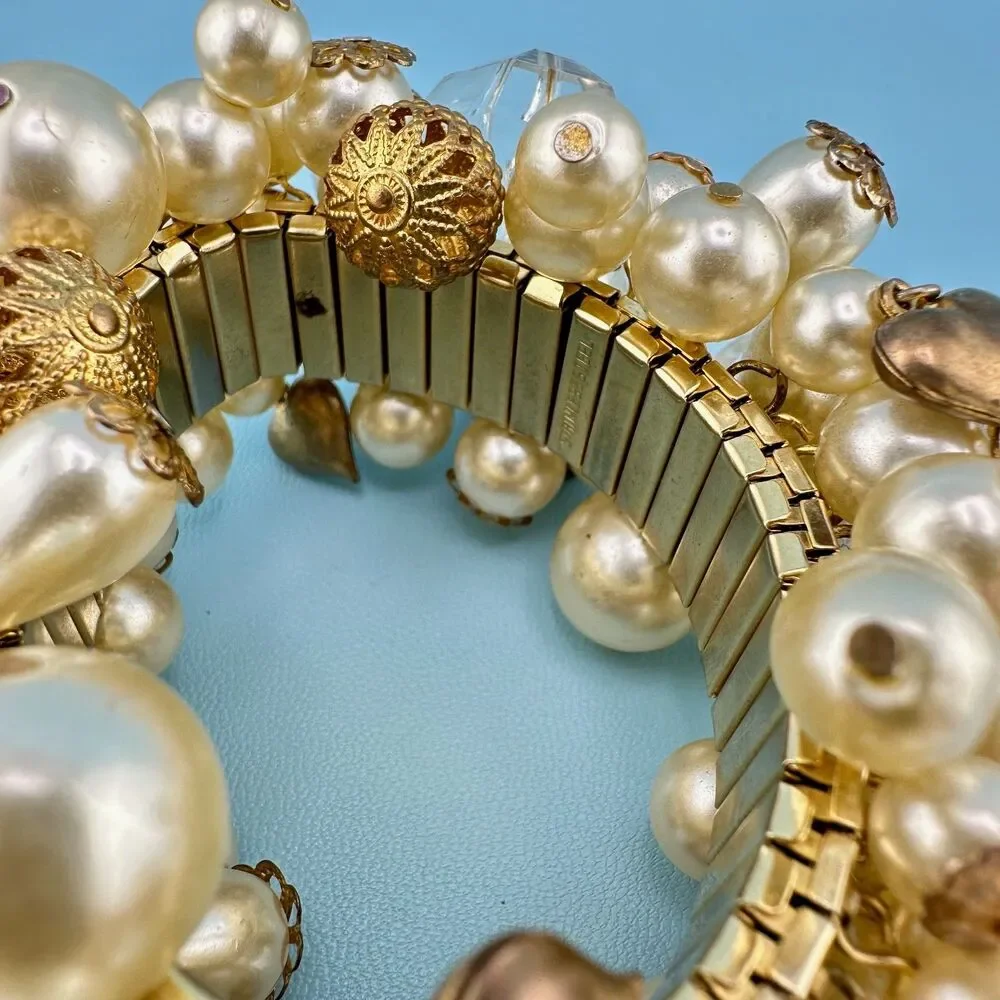 Vintage Cha Cha Bracelet Faux Pearl Filigree Ball Lucite Crystal Heart Expansion